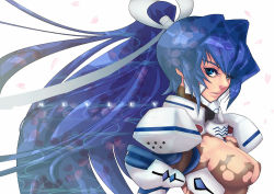 Rule 34 | 1girl, armor, bad id, bad pixiv id, ban! (bansankan), blue eyes, blue hair, bodysuit, breasts, cherry blossoms, convenient censoring, copyright name, from side, hair intakes, hair ribbon, high ponytail, large breasts, long hair, looking at viewer, matching hair/eyes, mitsurugi meiya, muv-luv, parted lips, petals, pilot suit, ponytail, ribbon, sideboob, solo, torn bodysuit, torn clothes, turtleneck, upper body, very long hair, white background