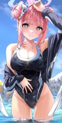 Rule 34 | 1girl, angel wings, arm up, armpits, black one-piece swimsuit, blue archive, blue sky, blush, breasts, cleavage, collarbone, double bun, feathered wings, groin, hair bun, halo, hand on own head, highres, light smile, looking at viewer, medium breasts, mika (blue archive), official alternate costume, one-piece swimsuit, outdoors, pink hair, pink halo, sidelocks, sky, solo, sushi maruu, swimsuit, swimsuit under clothes, wading, water drop, white wings, wings, yellow eyes