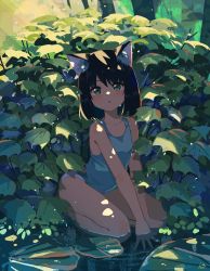Rule 34 | 1girl, :o, absurdres, animal ear fluff, animal ears, artist name, bare arms, bare legs, bare shoulders, black hair, blue shirt, blush, cat ears, collarbone, commentary, dappled sunlight, day, english commentary, eyebrows hidden by hair, green eyes, hand on ground, highres, kgt (pixiv12957613), leaf, lily pad, looking at viewer, medium hair, nature, no pants, on ground, original, outdoors, panties, panty peek, parted lips, plant, purple panties, seiza, shirt, signature, sitting, sleeveless, sleeveless shirt, solo, sunlight, tank top, thighs, underwear, water, water drop