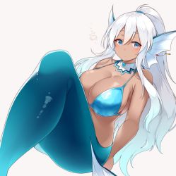 Rule 34 | 1girl, absurdres, bad id, bad pixiv id, bikini, blue eyes, blush, breasts, choker, cleavage, closed mouth, collarbone, commentary request, dark-skinned female, dark skin, fins, hair between eyes, hair ornament, hairband, head fins, highres, large breasts, long hair, looking at viewer, mermaid, monster girl, navel, original, ponytail, silver hair, simple background, sitting, solo, suruga (xsurugax), swimsuit, very long hair, white background