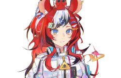 Rule 34 | 1girl, absurdres, animal, animal ears, animal on head, black hair, cropped jacket, hair ornament, hairpin, hakos baelz, hakos baelz (casual), headphones, headphones around neck, highres, hololive, hololive english, jacket, long hair, looking at viewer, lucadark art, mouse ears, mouse girl, mouse tail, mr. squeaks (hakos baelz), multicolored eyes, multicolored hair, official alternate costume, official alternate hairstyle, on head, puffy sleeves, red hair, star (symbol), star hair ornament, streaked hair, tail, virtual youtuber, white background, white hair, white jacket