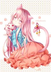 Rule 34 | 1girl, animal ears, barefoot, bell, blue shirt, blush, bright pupils, cat ears, cat tail, character name, cutoffs, fox mask, from side, full body, hata no kokoro, holding, holding mask, jingle bell, kemonomimi mode, kneeling, long hair, long sleeves, looking at viewer, looking to the side, mask, mimi (mimi puru), orange skirt, paw print, paw print background, pink eyes, pink hair, plaid, plaid shirt, shirt, skirt, solo, tail, tail bell, tail ornament, tail through clothes, touhou, white background, white pupils