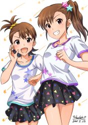 Rule 34 | 2021, 2girls, :d, absurdres, black skirt, brown eyes, brown hair, collarbone, cowboy shot, dated, futami ami, futami mami, grin, hair ornament, hair scrunchie, highres, idolmaster, idolmaster (classic), long hair, looking at viewer, miniskirt, multiple girls, one side up, open mouth, pleated skirt, print shirt, print skirt, scrunchie, shirt, short hair, short sleeves, siblings, side ponytail, sisters, skirt, smile, standing, star (symbol), star hair ornament, t-shirt, takatsuki p, triangle print, twins, white shirt, yellow scrunchie