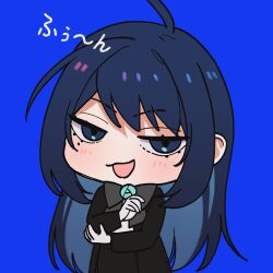Rule 34 | 1girl, ado (utaite), ahoge, black bow, black bowtie, black coat, blue background, blue eyes, blue flower, blue hair, bow, bowtie, chando (ado), chibi, cloud nine inc, coat, colored inner hair, commentary request, flower, flower brooch, gloves, holding own arm, light blush, long hair, looking at viewer, mole, mole under eye, multicolored hair, open mouth, riseno, shirt, sidelocks, simple background, smug, solo, translation request, two-tone hair, utaite, very long hair, white gloves, white shirt