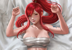 Rule 34 | 1girl, alexander dinh, arm tattoo, arms up, bare shoulders, bed sheet, blush, breasts, brown eyes, cleavage, closed mouth, collarbone, erza scarlet, fairy tail, hair between eyes, high ponytail, large breasts, looking at viewer, lying, on back, ponytail, red hair, sarashi, sidelocks, smile, solo, tattoo, upper body