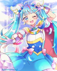 Rule 34 | 1girl, ;d, absurdres, ahoge, blue eyes, blue hair, blush, brooch, cape, cure sky, detached sleeves, earrings, fingerless gloves, gloves, greenprimagi, highres, hirogaru sky! precure, jewelry, long hair, magical girl, one eye closed, open mouth, precure, puffy detached sleeves, puffy sleeves, single sidelock, smile, solo, sora harewataru, two-sided cape, two-sided fabric, v, very long hair, white gloves, wing brooch, wing hair ornament
