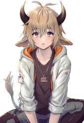 Rule 34 | 1boy, ahoge, animal ears, antenna hair, arknights, bison (arknights), black shirt, blush, brown hair, cow ears, cow horns, cow tail, hair between eyes, horns, jacket, jewelry, looking at viewer, male focus, necklace, open mouth, shirt, short hair, simple background, sitting, solo, tail, white background, yoruhachi