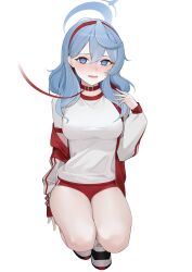 Rule 34 | 1girl, ako (blue archive), ako (track) (blue archive), animal collar, blue archive, blue eyes, blue hair, blue halo, blush, breasts, buruma, collar, full body, gym shirt, gym uniform, hair between eyes, halo, highres, jacket, kuen (kuennn12), large breasts, long hair, long sleeves, looking at viewer, open clothes, open jacket, open mouth, red buruma, shirt, short sleeves, simple background, solo, white background, white jacket, white shirt