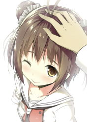 Rule 34 | 10s, 1girl, ;), antenna hair, blush, brown eyes, brown hair, double bun, hair bun, hand on another&#039;s head, head pat, headpat, kantai collection, looking at viewer, naka (kancolle), one eye closed, personification, school uniform, serafuku, short hair, sky-freedom, smile, solo focus, wink