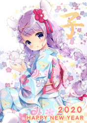 Rule 34 | 1girl, 2020, absurdres, animal ears, blue kimono, blush, bow, braid, chinese zodiac, commentary request, floral background, floral print, flower, hair bow, hair flower, hair ornament, hairclip, happy new year, highres, holding, japanese clothes, kimono, long hair, long sleeves, looking at viewer, looking to the side, low twintails, mouse ears, mouse girl, mouse tail, nail polish, neki (wakiko), new year, obi, original, parted lips, print kimono, purple eyes, purple hair, purple nails, red bow, red flower, sash, sitting, socks, soles, solo, tail, tail bow, tail ornament, twin braids, twintails, very long hair, white bow, white socks, wide sleeves, x hair ornament, year of the rat, yokozuwari
