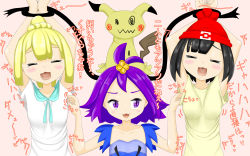 Rule 34 | 3girls, :3, acerola (pokemon), ahoge, animal ears, armpits, arms up, artist request, beanie, black eyes, black hair, blonde hair, blue dress, blush, braid, breasts, closed eyes, collarbone, creatures (company), dress, drooling, female focus, flat chest, game freak, gen 7 pokemon, hair ornament, hands together, hat, heart, highres, laughing, lillie (pokemon), looking to the side, matching hair/eyes, mimikyu, multiple girls, nintendo, open mouth, pink background, pokemon, pokemon (creature), pokemon sm, purple eyes, purple hair, red headwear, restrained, saliva, selene (pokemon), shirt, short hair, short sleeves, simple background, small breasts, smile, tail, tears, text focus, tickling, translation request, wavy mouth, white shirt, yellow shirt