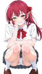 Rule 34 | 1girl, absurdres, blush, breasts, green skirt, hair ornament, heterochromia, highres, hololive, houshou marine, isakoro (hx9cj), large breasts, long hair, looking at viewer, neckerchief, panties, pantyshot, red eyes, red hair, red neckerchief, school uniform, shirt, simple background, skirt, smile, solo, squatting, thighs, twintails, underwear, uniform, virtual youtuber, white background, white panties, white shirt, yellow eyes