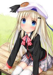 Rule 34 | 1girl, arm support, bat hair ornament, bench, beret, black jacket, blue eyes, blush, bow, closed mouth, collared shirt, commentary, cowboy shot, grey skirt, hair ornament, hat, highres, jacket, kudpoid (71139), leaning forward, light brown hair, little busters!, little busters! school uniform, long hair, long sleeves, looking at viewer, miniskirt, noumi kudryavka, outdoors, pink bow, plaid, plaid skirt, school uniform, shirt, signature, sitting, skirt, smile, solo, split mouth, straight hair, tareme, thighhighs, white hat, white shirt, white thighhighs, zettai ryouiki