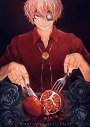 Rule 34 | 1boy, amichi1005, black background, black nails, bolo tie, brooch, dated, dress shirt, eating, eyepatch, flower, food, fork, fruit, hair between eyes, holding, holding fork, holding knife, jewelry, knife, male focus, mars red, nail polish, pink hair, pomegranate, red eyes, red shirt, scar, scar on hand, sharp teeth, shirt, slit pupils, snake print, stitched fingers, takeuchi (mars red), teeth, twitter username, vampire