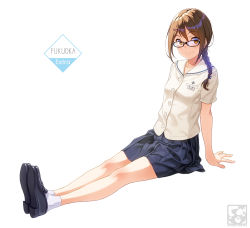 Rule 34 | 1girl, arm support, artist logo, artist name, bare legs, black-framed eyewear, black footwear, black skirt, blush, braid, brown eyes, brown hair, closed mouth, collarbone, commentary request, full body, glasses, hair ornament, hairclip, leaning back, loafers, long hair, looking at viewer, miniskirt, name tag, original, pairan, pleated skirt, sailor collar, school uniform, shirt, shoe soles, shoes, short sleeves, simple background, single braid, sitting, skirt, smile, socks, solo, white background, white sailor collar, white shirt, white socks