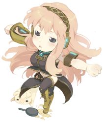 Rule 34 | 1girl, :3, akusyu, armband, armlet, bad id, bad pixiv id, black skirt, blush, chibi, double lariat (vocaloid), frying pan, headphones, long hair, long skirt, lowres, megurine luka, pink hair, side slit, skirt, solo, thighhighs, very long hair, vocaloid