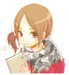 Rule 34 | 1girl, book, brown eyes, brown hair, checkered clothes, checkered scarf, gin (oyoyo), highres, nail polish, original, pink nails, scarf, side ponytail, simple background, solo, white background