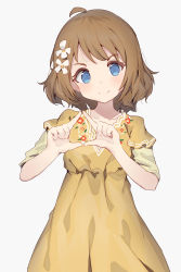 Rule 34 | 1girl, blue eyes, brown hair, closed mouth, dress, fingers together, flower, hair flower, hair ornament, head tilt, highres, idolmaster, idolmaster million live!, looking at viewer, medium hair, shone, simple background, smile, solo, suou momoko, v-shaped eyebrows, white background, yellow dress