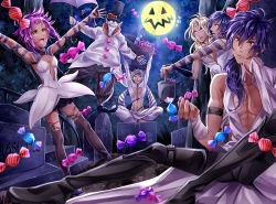 Rule 34 | 1girl, 5boys, :d, arm ribbon, armpits, black footwear, black pants, black ribbon, black thighhighs, blonde hair, blue hair, boots, breasts, candy, character request, cleavage, closed mouth, coat, collarbone, d.gray-man, dress, floating hair, food, full moon, graveyard, hair between eyes, headband, holding, holding umbrella, knee boots, medium hair, moon, multiple boys, navel, night, open mouth, outstretched arms, pants, pointy ears, pony (user ewtx7873), purple hair, purple umbrella, ribbon, road kamelot, short dress, sitting, sleeveless, sleeveless dress, small breasts, smile, strapless, strapless dress, striped clothes, striped pants, thighhighs, torn clothes, torn legwear, tyki mikk, umbrella, vertical-striped clothes, vertical-striped pants, white coat, white dress, yellow eyes