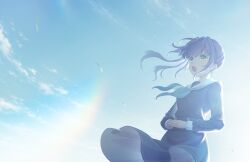 Rule 34 | 1girl, :o, backlighting, blue sky, cloud, floating clothes, floating hair, flower, game cg, green eyes, hair flower, hair ornament, highres, lens flare, link! like! love live!, lone nape hair, long hair, looking afar, love live!, official art, open mouth, otomune kozue, own hands together, purple hair, red flower, side ponytail, sidelocks, sky, solo, teeth, third-party source, upper teeth only, virtual youtuber, wide shot