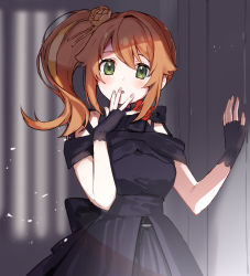 Rule 34 | 1girl, :o, absurdres, black dress, blurry, blurry background, blush, breasts, covering own mouth, dress, fingerless gloves, gloves, green eyes, hanamaru hareru, hand over own mouth, hand up, highres, indie virtual youtuber, long hair, looking at viewer, orange hair, side ponytail, small breasts, solo, upper body, virtual youtuber, yumesaki nana