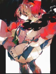 Rule 34 | 1girl, bow, cape, commentary request, covered mouth, hat, hat ribbon, highres, long sleeves, one-hour drawing challenge, open mouth, red eyes, ribbon, sekibanki, shirt, short hair, skirt, smoke, solo, touhou, tsukamoto anabone
