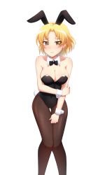 Rule 34 | 1girl, absurdres, animal ears, baek hyang&#039;geum, bang dream!, black bow, black bowtie, black leotard, black pantyhose, blonde hair, bow, bowtie, breasts, brown eyes, cleavage, detached collar, fake animal ears, feet out of frame, highres, large breasts, leaning forward, leotard, looking at viewer, pantyhose, parted hair, playboy bunny, rabbit ears, sato masuki, short hair, simple background, solo, standing, strapless, strapless leotard, thigh gap, white background, wrist cuffs