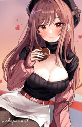 Rule 34 | 1girl, alternate costume, artist name, black headwear, black pantyhose, black sweater, breasts, brown hair, candy, chocolate, chocolate heart, cleavage, cleavage cutout, closed mouth, clothing cutout, fishnet pantyhose, fishnets, food, goddess of victory: nikke, gradient background, heart, highres, holding, holding chocolate, holding food, jewelry, large breasts, long hair, long sleeves, looking at viewer, miniskirt, necklace, nekoponart, pantyhose, puffy long sleeves, puffy sleeves, rapi (nikke), red eyes, ribbed sweater, simple background, sitting, skirt, smile, solo, sweater, turtleneck, turtleneck sweater, white skirt