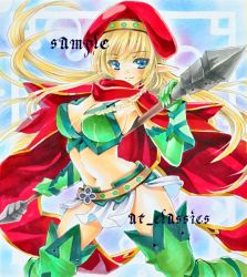 Rule 34 | alleyne (queen&#039;s blade), alleyne (queen's blade), at classics, beret, blonde hair, blue eyes, blush, boots, braid, breasts, cape, cleavage, elbow gloves, elf, fighting master alleyne, gloves, hat, large breasts, long hair, marker (medium), midriff, miniskirt, pointy ears, polearm, queen&#039;s blade, sample watermark, side braid, skirt, solo, spear, thigh boots, thighhighs, traditional media, watermark, weapon