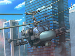 Rule 34 | 1boy, aircraft, building, city, cloud, commentary request, commission, covered face, earasensha, flying, gun, helicopter, helmet, holding, holding weapon, ka-52, military, military vehicle, missile, original, propeller, reflection, scenery, skeb commission, sky, skyscraper, vehicle focus, weapon