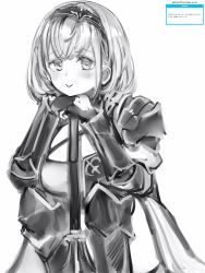 Rule 34 | 1girl, :p, armor, blush, breasts, greyscale, hairband, highres, holding, hololive, large breasts, looking at viewer, medium hair, monochrome, nanashi (nlo), pauldrons, shirogane noel, shirogane noel (1st costume), shoulder armor, simple background, smile, solo, squatting, tongue, tongue out, virtual youtuber, white background