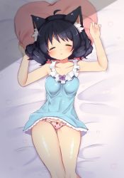 Rule 34 | 10s, 1girl, animal ears, bad id, bad pixiv id, black hair, blush, bow, bow panties, cat ears, cat tail, closed eyes, curly hair, cyan (show by rock!!), food print, heart, heart-shaped pillow, lying, on back, panties, pillow, pink panties, print panties, short hair, show by rock!!, sleeping, solo, strawberry panties, strawberry print, tail, underwear, ururu1998
