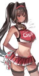 Rule 34 | 1girl, absurdres, ahoge, arms behind back, artist name, bay (nikke), black eyes, black hair, black thighhighs, blush, breasts, character name, cheerleader, collar, crop top, dark-skinned female, dark skin, dated, facial tattoo, goddess of victory: nikke, hair intakes, hairband, highres, large breasts, long hair, mole, mole under mouth, multicolored hair, na-mon, pissione, pom pom (cheerleading), ponytail, red hair, red shirt, red skirt, shirt, single thighhigh, skirt, solo, spiked collar, spikes, star tattoo, streaked hair, tan, tanline, tattoo, thigh strap, thighhighs, underboob