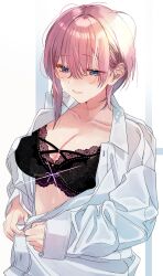 Rule 34 | 1girl, absurdres, black bra, blue eyes, blush, bow, bow bra, bra, breasts, cleavage, closed mouth, collarbone, collared shirt, go-toubun no hanayome, highres, lace, lace bra, large breasts, long sleeves, looking down, nakano ichika, nununu (nununu386), open clothes, open shirt, pink hair, shirt, short hair, solo, underwear, undressing, upper body, white shirt