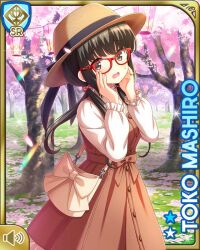 Rule 34 | 1girl, :o, black hair, bow, brown dress, card, character name, cherry blossoms, day, dress, forest, girlfriend (kari), grey eyes, hat, lolita fashion, long hair, mashiro toko, nature, official art, open mouth, outdoors, pink bow, qp:flapper, red-framed eyewear, shirt, smile, solo, standing, tagme, white shirt