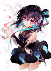 Rule 34 | :d, bare shoulders, black dress, black hair, black sleeves, blue hair, blush, clothing cutout, commentary request, copyright request, detached sleeves, dress, floral background, glint, hair between eyes, hair ornament, hands up, heart, heart hair ornament, long sleeves, looking at viewer, mole, mole under eye, multicolored hair, nail polish, navel, navel cutout, open mouth, pink sleeves, pleated dress, purple eyes, red nails, satsuki misuzu, signature, sleeveless, sleeveless dress, sleeves past wrists, smile, two-tone hair, virtual youtuber