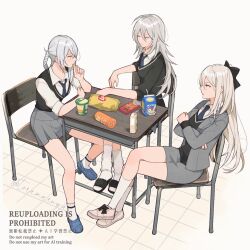 3girls a2_(nier:automata) baggy_socks black_bow black_footwear black_sweater black_sweater_vest blue_eyes blue_necktie bow braid braided_hair_rings carton chair chips_(food) closed_eyes commentary_request creator_connection crocs crossed_arms desk drag-on_dragoon drag-on_dragoon_3 food footwear_bow grey_jacket grey_skirt hair_between_eyes hair_bow hair_rings highres jacket kaine_(nier) kurosawa_kazuto lay&#039;s_(potato_chips) long_hair long_hair_between_eyes mole mole_under_mouth multiple_girls necktie nier nier:automata nier_(series) open_clothes open_jacket pink_eyes pink_footwear pleated_skirt pocky potato_chips school_chair school_desk school_uniform shirt short_hair single_hair_ring sitting skirt sleeves_past_elbows socks sweater sweater_vest twitter_username white_hair white_shirt white_socks yellow_eyes zero_(drag-on_dragoon)