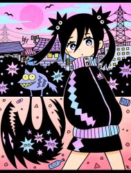Rule 34 | 1girl, black hair, black jacket, black skirt, blue eyes, blush stickers, bright pupils, cloud, colored sclera, cowboy shot, creature, different shadow, dot nose, garouma, hair between eyes, hands in pockets, highres, jacket, long hair, long sleeves, looking at another, looking at viewer, moon, original, outdoors, oversized zipper, parted lips, power lines, purple eyes, purple moon, purple sky, shadow, sharp teeth, skirt, sky, smile, solo focus, teeth, town, transmission tower, trash, twintails, two-tone eyes, white pupils, yellow sclera