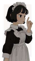 Rule 34 | 1girl, akai sashimi, apron, arm at side, black dress, black eyes, black hair, bob cut, border, collared dress, d:, dress, eyebrows hidden by hair, eyelashes, fingernails, frilled apron, frilled hairband, frills, from side, grey background, hairband, half-closed eyes, hand up, highres, index finger raised, long sleeves, looking away, maid, maid apron, maid headdress, open mouth, original, outside border, parted lips, puffy long sleeves, puffy sleeves, shade, short hair, signature, simple background, sleeve cuffs, solo, standing, upper body, white apron, white border, white hairband, wing collar