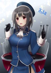 Rule 34 | 1girl, adapted turret, ascot, beret, black gloves, black hair, blue hat, breasts, cannon, character name, cowboy shot, garter straps, gloves, gradient background, grey background, hair ribbon, hat, highres, kantai collection, large breasts, long sleeves, machinery, medium breasts, military, military uniform, miniskirt, open mouth, red eyes, ribbon, rigging, short hair, skirt, smile, solo, takao (kancolle), thighhighs, uniform, wing mol