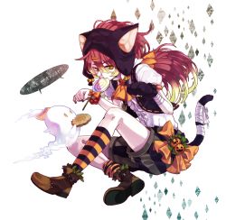 Rule 34 | 1girl, animal ears, animal hands, ascot, bell, candy, cat ears, cat tail, colorized, cookie, fake animal ears, food, food in mouth, ghost, gloves, gradient hair, hair ornament, hair ribbon, hairpin, halloween, hat, hat with ears, highres, lollipop, multicolored hair, original, paw gloves, paw pose, ponytail, pumpkin, ribbon, shirt, shorts, slit pupils, socks, solo, striped clothes, striped legwear, striped socks, tail, tail ornament, tail ribbon, trick or treat, vest, yamako (state of children), yellow eyes