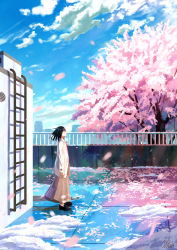 Rule 34 | 1girl, absurdres, black hair, blazer, blue sky, brown skirt, building, cherry blossoms, commentary request, from side, highres, jacket, ladder, long skirt, long sleeves, original, rooftop, scenery, short hair, shurock, signature, skirt, sky, snow, solo, standing, tree, white jacket, wide shot