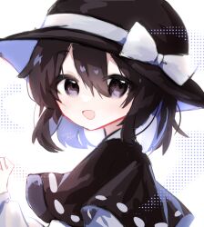 Rule 34 | 1girl, black capelet, black eyes, black hair, black hat, bow, capelet, commentary request, hair between eyes, hat, hat bow, highres, lennonrine, long sleeves, looking at viewer, open mouth, portrait, ribbon-trimmed capelet, shirt, short hair, smile, solo, touhou, usami renko, white bow, white shirt