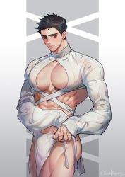 Rule 34 | 1boy, abs, bara, black hair, blush, closed mouth, covered erect nipples, highres, large pectorals, loincloth, male focus, muscular, muscular male, original, pectorals, scar, scar on hand, short hair, shrug (clothing), sideburns, solo, ssong-ga, thick thighs, thighs, twitter username