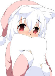 Rule 34 | 1girl, alternate costume, animal ear fluff, animal ears, blush, covering own mouth, ears down, hat, hugging object, inubashiri momiji, pajamas, pillow, pillow hug, red eyes, short hair, sleeves past wrists, solo, terazip, touhou, white hair, wolf ears