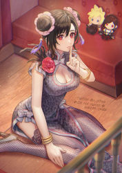 Rule 34 | 1girl, alternate costume, animal print, asymmetrical bangs, bangle, bangs, black hair, bracelet, breasts, carriage, china dress, chinese clothes, cleavage, cleavage cutout, clothing cutout, cloud strife, commentary, double bun, dress, english commentary, female focus, final fantasy, final fantasy vii, final fantasy vii remake, finger to mouth, finger to own chin, fishnet thighhighs, fishnets, flower, grey dress, grey footwear, hair bun, hair ornament, high heels, jewelry, kneeling, large breasts, leopard print, looking at viewer, ohse, parted lips, pelvic curtain, pumps, red eyes, red flower, red rose, rose, short sleeves, shushing, solo, stuffed toy, symbol-only commentary, tassel, tassel hair ornament, thighhighs, tifa lockhart, twitter username