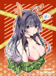 Rule 34 | 1girl, ahoge, antlers, areola slip, bare shoulders, bikini, bikini top only, blunt bangs, blush, breasts, choker, christmas, cleavage, closed mouth, collarbone, cropped torso, cross, diagonal stripes, earrings, ears visible through hair, gou lianlian dogface, gradient background, heart, heart-shaped pupils, highres, honkai (series), honkai impact 3rd, horns, jewelry, large breasts, long hair, looking at viewer, merry christmas, ponytail, purple eyes, purple hair, raiden mei, red background, red bikini, red choker, reindeer antlers, shawl, smile, snow, solo, speech bubble, spoken object, striped, striped background, stud earrings, swimsuit, symbol-shaped pupils, typo, upper body