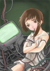 Rule 34 | 1990s (style), 1girl, brown eyes, brown hair, cable, camisole, chemise, crt, female focus, flat chest, hair ornament, hairclip, iwakura lain, monitor, retro artstyle, serial experiments lain, sitting, solo, tears