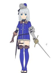 Rule 34 | 1girl, arms at sides, black choker, black ribbon, blue eyes, blue footwear, blue jacket, blunt bangs, boots, bow, bow choker, brown gloves, buttons, choker, closed mouth, double-breasted, enkyo yuuichirou, full body, gauntlets, gloves, grey hair, gun, hair ribbon, handgun, hat, holding, holding sword, holding weapon, holster, jacket, knee boots, leg strap, legs together, looking at viewer, medium hair, mini hat, original, rapier, revolver, ribbon, scabbard, sheath, single gauntlet, smile, solo, standing, sword, thigh strap, toeless footwear, unsheathed, weapon, white background, zipper