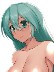 Rule 34 | 1girl, alternate hairstyle, aqua eyes, aqua hair, blurry, blush, breasts, cleavage, closed mouth, collarbone, commentary, depth of field, hair between eyes, hair down, hatsune miku, highres, hormone koijirou, large breasts, lips, long hair, out-of-frame censoring, simple background, smile, solo, topless, upper body, vocaloid, white background